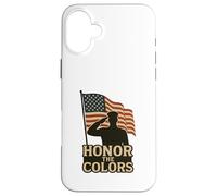 Custodia per iPhone 16 Plus Sagoma e bandiera patriottica 'Honor the Colors' Saluting