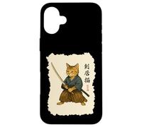 Custodia per iPhone 16 Plus Samurai Cat Warrior Arte Giapponese Feline Katana Lettere Ninja
