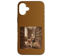 Custodia per iPhone 16 Plus Scena di lettura del libro del cane della biblioteca di Cavalier Spaniel