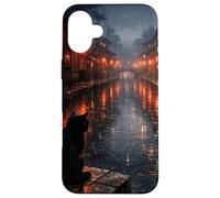 Custodia per iPhone 16 Plus Scena di strada piovosa del gatto nero del gatto nero giapponese
