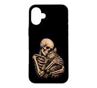 Custodia per iPhone 16 Plus Scheletro che abbraccia gatto gotico amante arte Halloween