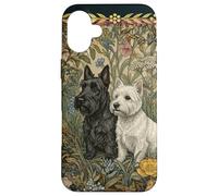 Custodia per iPhone 16 Plus Scottie Westie Dogs William Morris stile Cottagecore