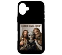 Custodia per iPhone 16 Plus Selfie UFO con scritta Bruh Bigfoot Alien Jesus Rock on Hand