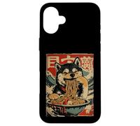 Custodia per iPhone 16 Plus Shiba Inu Cane Mangia Ramen Tagliatelle Giapponese Ukiyo-e Style