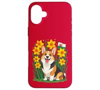 Custodia per iPhone 16 Plus Simpatico cane corgi tra narcisi che sostengono il Galles