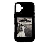 Custodia per iPhone 16 Plus Sphynx Cat Selfie Con Alien Ship UFO Abduction Retro Foto