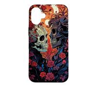 Custodia per iPhone 16 Plus Teschi colorati coppia innamorata con rose arte
