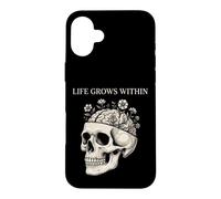 Custodia per iPhone 16 Plus Teschio gotico cervello fiori vita cresce all'interno scuro floreale