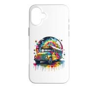 Custodia per iPhone 16 Plus Tie Dye School Bus Art Psychedelic Retro Colors Futuristic