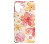 Custodia per iPhone 16 Plus Tropical Hibiscus Seashells Summer Floral Pattern