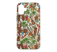 Custodia per iPhone 16 Plus Ukulele Tiki hawaiano con fiori di ibisco e palma