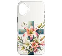 Custodia per iPhone 16 Plus Watercolor Easter Lily Christian Cross