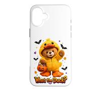 Custodia per iPhone 16 Plus What The Duck Halloween Teddy Bear Wearing Yeallow Duck