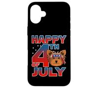 Custodia per iPhone 16 Plus Yorkshire Terrier Dog American Flag Glasses 4th Of July