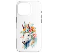 Custodia per iPhone 16 Pro Acquarello etereo Unicorno Floreale Testa Fantasy Art