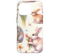 Custodia per iPhone 16 Pro Aesthetic Spring Flower Patter Vintage Easter Bunny Rabbit