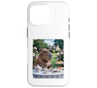 Custodia per iPhone 16 Pro Carino Capybara Sip Tea Rose Cup Cottagecore Floral Garden
