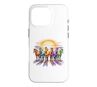 Custodia per iPhone 16 Pro Cavalli colorati in acquerello arcobaleno con Sunrise Equine