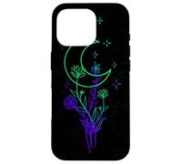 Custodia per iPhone 16 Pro Celeste Fiore Luna Line Art Vibrante Strega Estetica