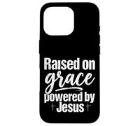 Custodia per iPhone 16 Pro Citazione di fede cristiana "Raised on Grace Powered by Jesus Christian Faith"