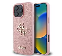Guess, Custodia per iPhone 16 Pro con glitter e logo in metallo, Rosa