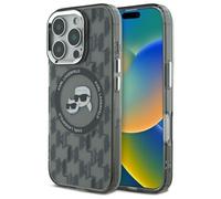 Custodia per iPhone 16 Pro con monogramma Karl Lagerfeld e MagSafe, colore nero.