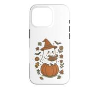 Custodia per iPhone 16 Pro Cozy Fall Ghost Reading on Pumpkin Retro Halloween Vibes