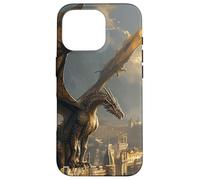 Custodia per iPhone 16 Pro Drago che domina una città gotica dorata all'alba
