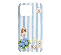 Custodia per iPhone 16 Pro Estetica Cottagecore Cavalier Ortensia A Righe Blu