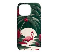Custodia per iPhone 16 Pro Fenicottero che cammina sotto le palme ad arco