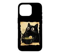 Custodia per iPhone 16 Pro Funny Black Fat Cat Eating Ramen Japanese Kawaii Anime