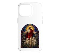 Custodia per iPhone 16 Pro Gesù Pastore Vetro Colorato Agnelli e Lupi Icona Arte