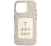 Custodia per iPhone 16 Pro Gesù salva l'estetica della croce di fede cristiana con stampa leopardata