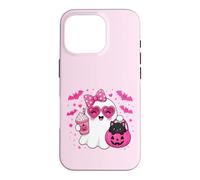 Custodia per iPhone 16 Pro Halloween Ghost Pink Bow Holding Ice Coffee con Kitty cat