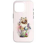 Custodia per iPhone 16 Pro Happy Easter Cat Easter Tea Cup Coffee Cat Siamese Floral