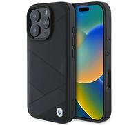 Custodia per iPhone 16 Pro in pelle con logo BMW e linee incrociate, colore nero