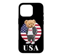 Custodia per iPhone 16 Pro Love Yourself, Cool Illustration Teddy Bear With USA Flag