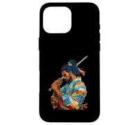 Custodia per iPhone 16 Pro Max Afro Americano Samurai Anime Cartoon Giapponese Bushido Guerriero