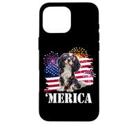 Custodia per iPhone 16 Pro Max American 4th July Fourth USA Flag Tri Color Cavalier Dog