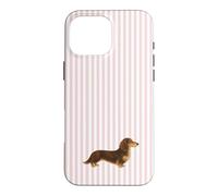Custodia per iPhone 16 Pro Max Bassotto a pelo lungo marrone e crema a righe rosa
