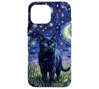 Custodia per iPhone 16 Pro Max Black Cat Night Glow Stars and Moon Opera d'arte