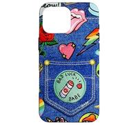 Custodia per iPhone 16 Pro Max Blue Denim Patch Pattern Bad Luck Babe 90s Design Estetico