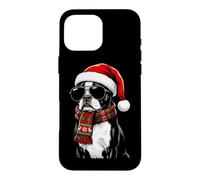 Custodia per iPhone 16 Pro Max Boston Terrier Dog Bostie Santa Hat Plaid sciarpa occhiali da sole