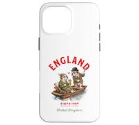 Custodia per iPhone 16 Pro Max Bulldog inglese cani coppia innamorata drink barca Inghilterra