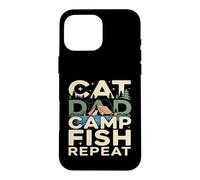 Custodia per iPhone 16 Pro Max Cat Dad Camp Fish Repeat divertente scena di campeggio