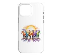 Custodia per iPhone 16 Pro Max Cavalli colorati in acquerello arcobaleno con Sunrise Equine