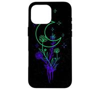 Custodia per iPhone 16 Pro Max Celeste Fiore Luna Line Art Vibrante Strega Estetica