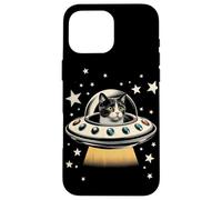 Custodia per iPhone 16 Pro Max Comandante Felino Galattico Incontro UFO Eccentrico Gatto