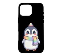 Custodia per iPhone 16 Pro Max Cute Kawaii Penguin Rainbow Beanie Scarf Winter