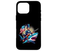Custodia per iPhone 16 Pro Max Divertente 4 luglio 4 luglio Abe Abraham Lincoln Equitazione di uno squalo